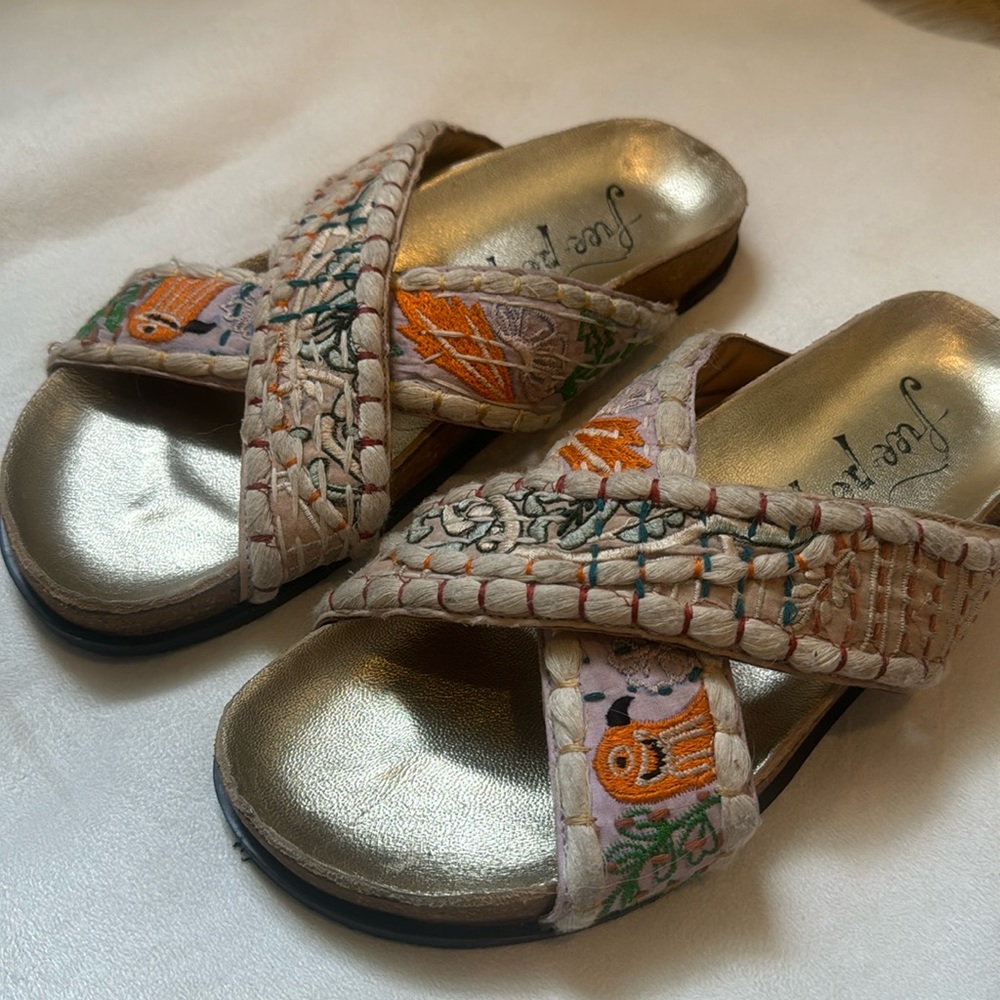Free People Cream Embroidered Crossband Sandals with Gold Footbed